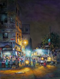 Hanif Shahzad, Street at Night - Karachi, 21 x 28 Inch, Oil on Canvas,  Landscape Painting, AC-HNS-123